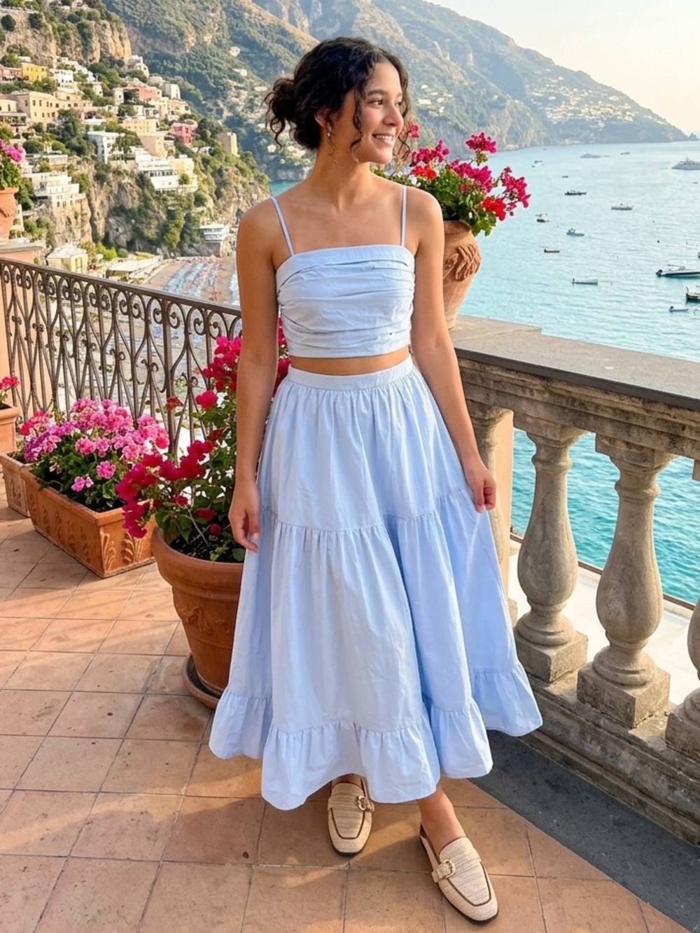 Anthropologie ✨Light Blue 2-Pc Ruched Crop Top & Tiered Midi Skirt 100% Cotton✨